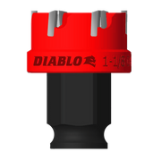 Red and black steel hole cutter with carbide teeth and gray cutting edges, marked "DIABLO 1-1/8".