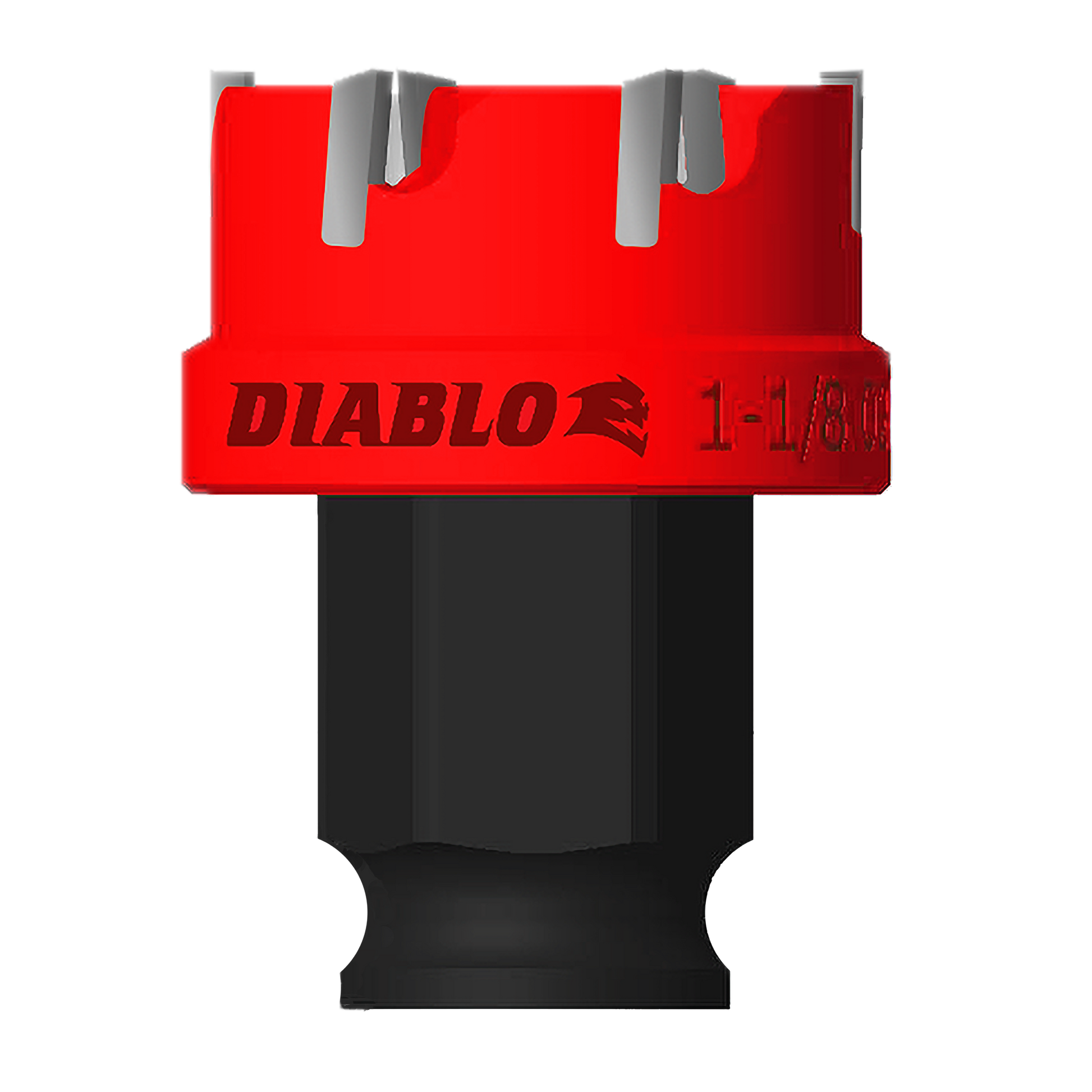 Red and black steel hole cutter with carbide teeth and gray cutting edges, marked "DIABLO 1-1/8".