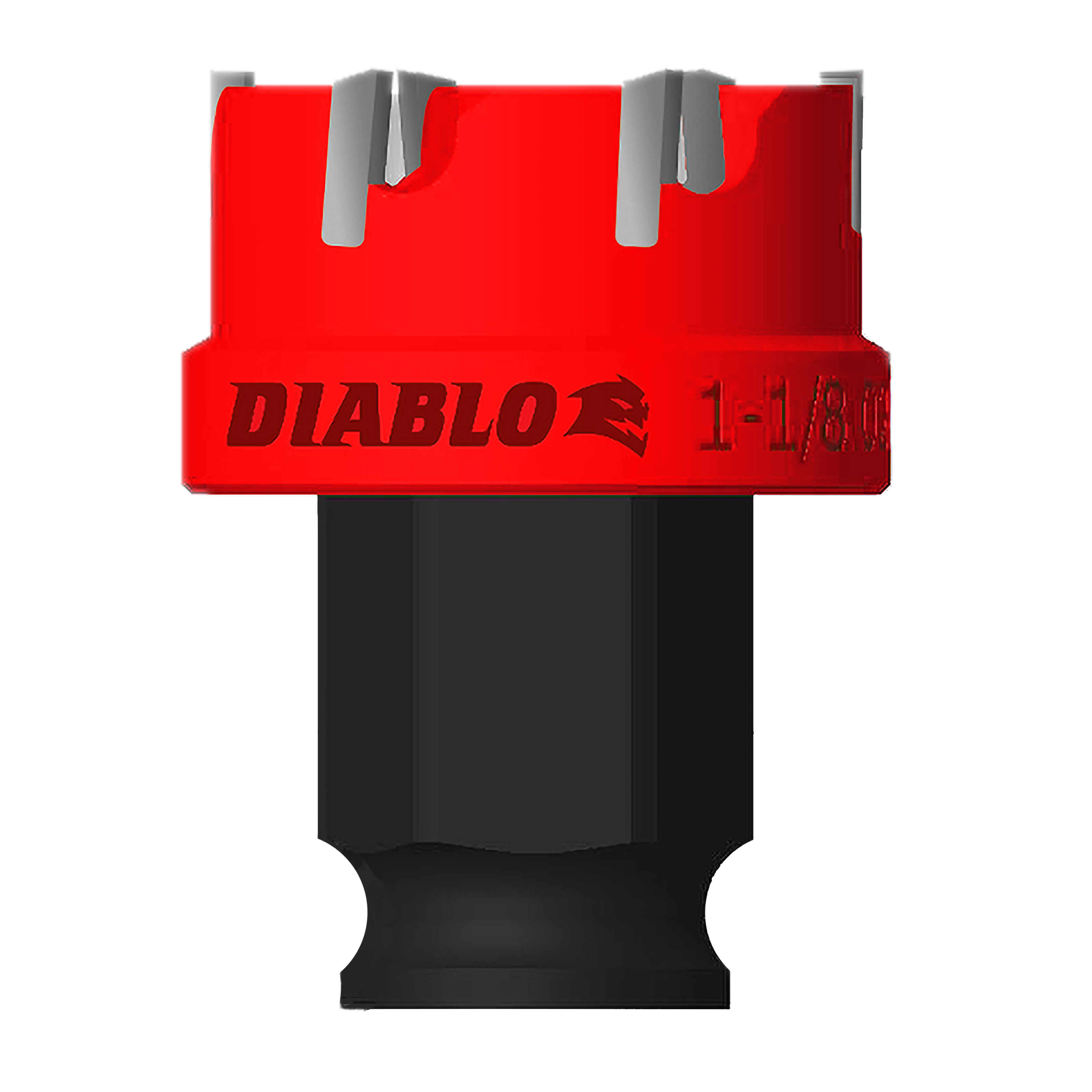 Red and black steel hole cutter with carbide teeth and gray cutting edges, marked "DIABLO 1-1/8".