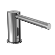 Polished chrome round foam soap dispenser with cylindrical body, horizontal spout, and sensor slot on front.