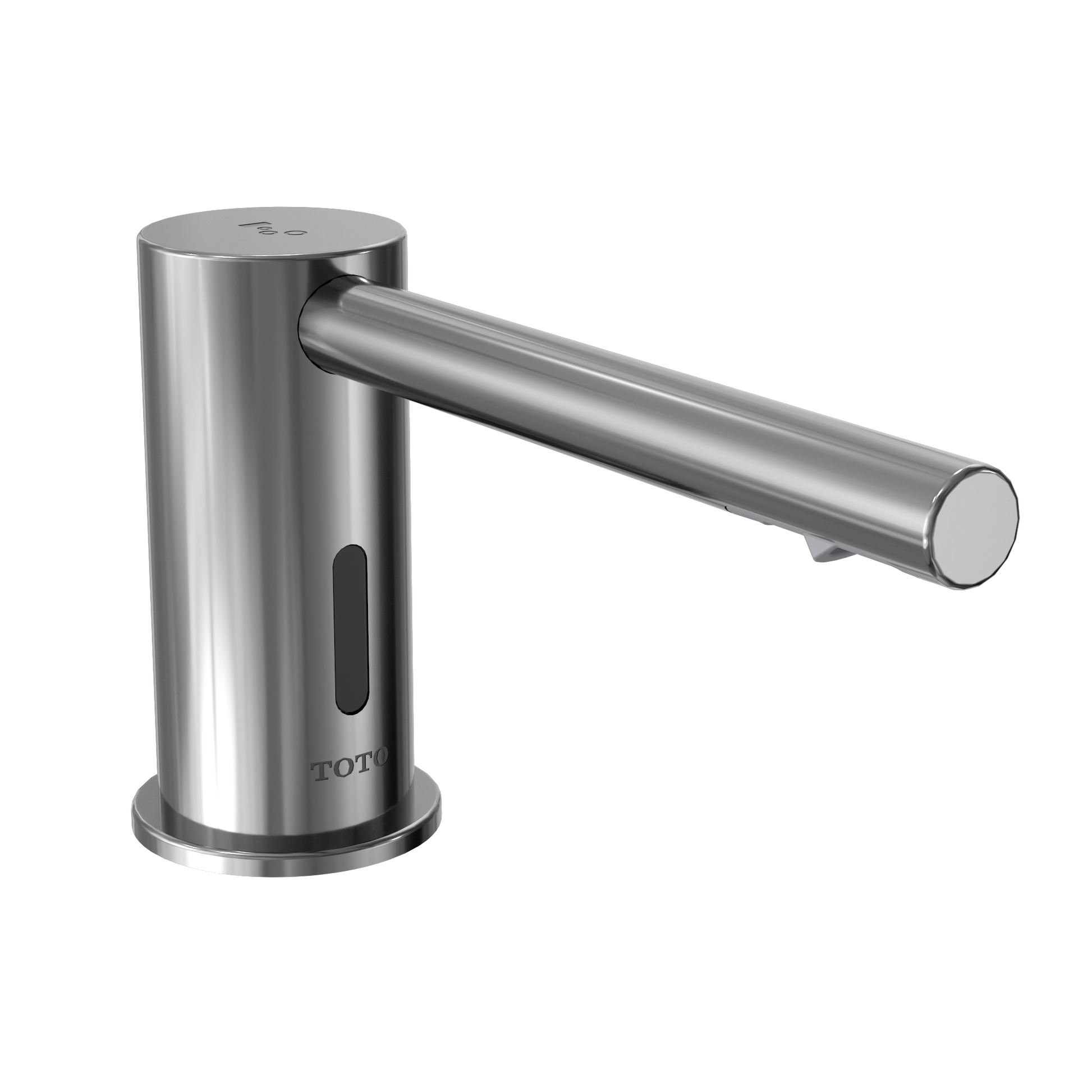 Polished chrome round foam soap dispenser with cylindrical body, horizontal spout, and sensor slot on front.
