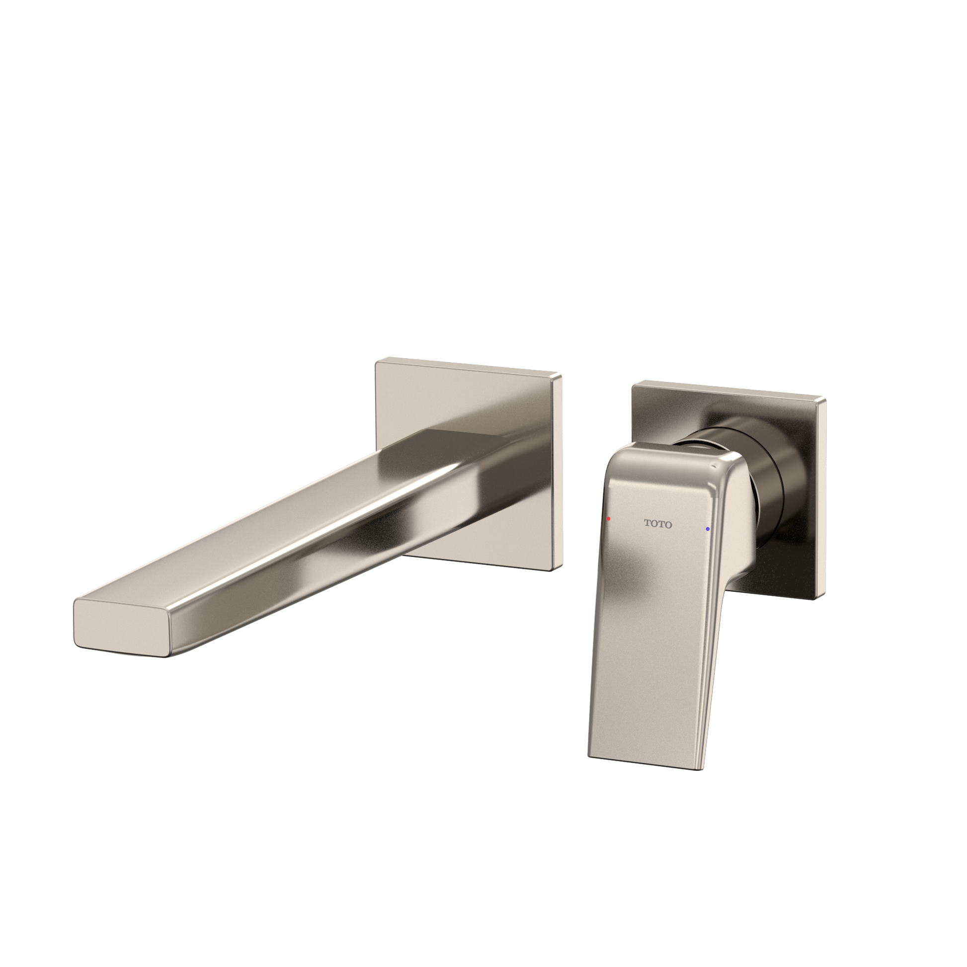 Polished nickel wall-mount bathroom faucet with single rectangular handle and extended spout.