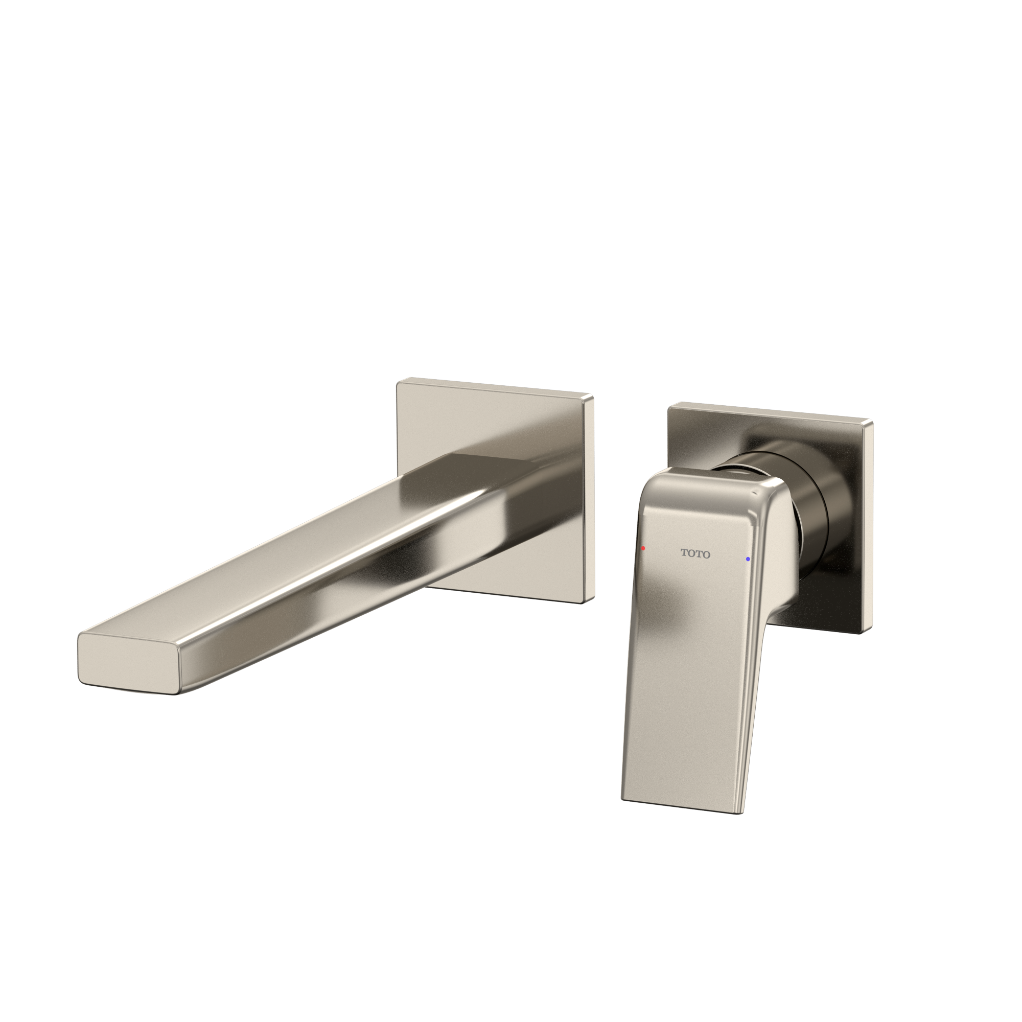 Polished nickel wall-mount bathroom faucet with single rectangular handle and extended spout.