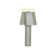 Freud bevel bowl router bit with 1-3/8" diameter head, angled cutting edges, and cream-colored top guard on metal shank.
