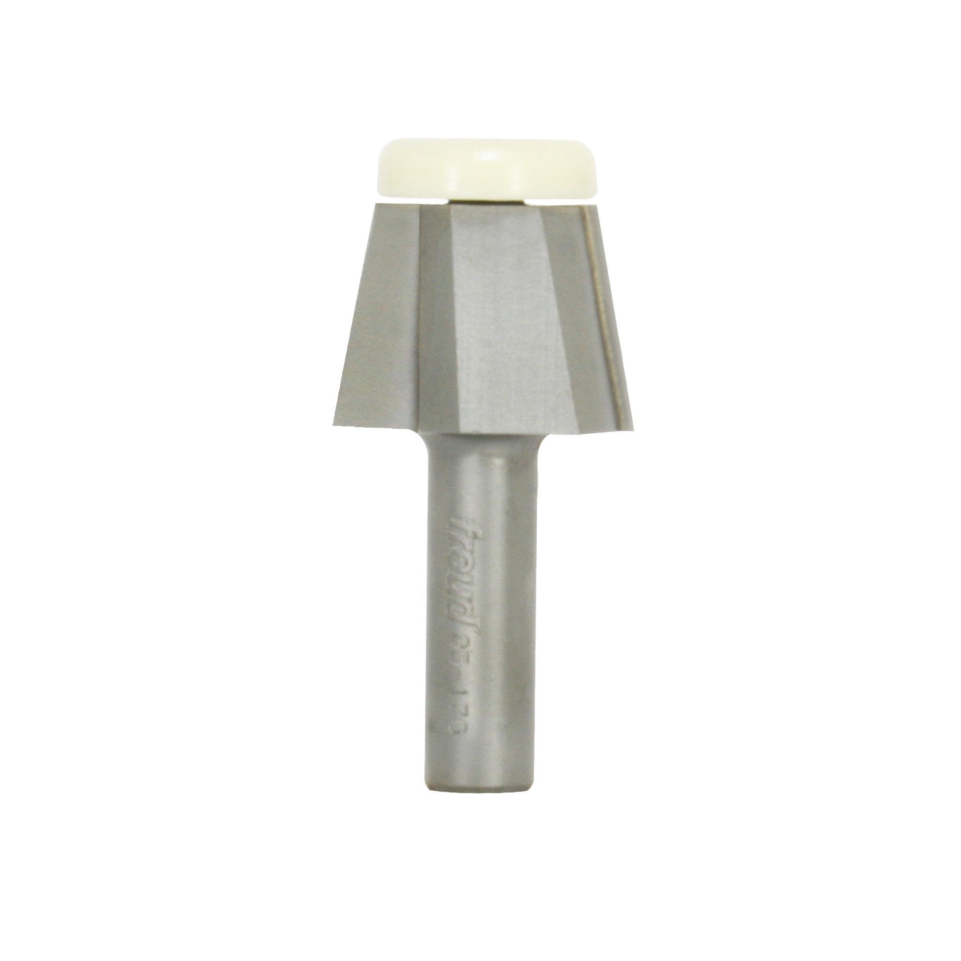 Freud bevel bowl router bit with 1-3/8" diameter head, angled cutting edges, and cream-colored top guard on metal shank.