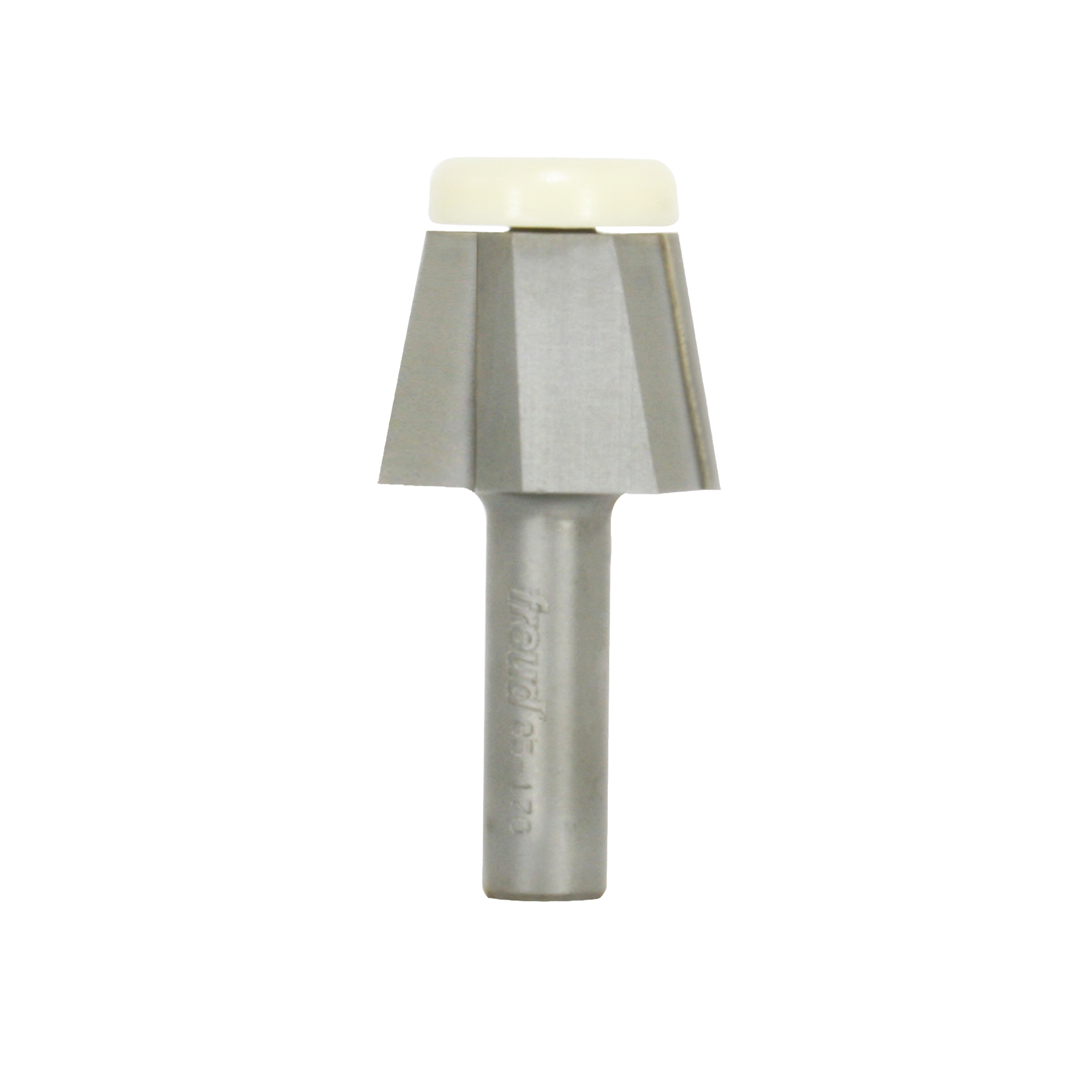 Freud bevel bowl router bit with 1-3/8" diameter head, angled cutting edges, and cream-colored top guard on metal shank.