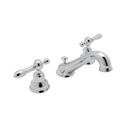 Polished chrome widespread bathroom faucet with curved C-spout and lever handles on round bases.
