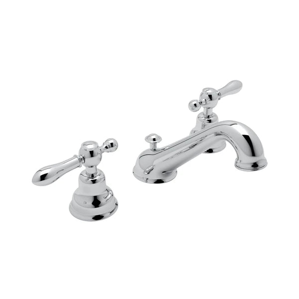 Polished chrome widespread bathroom faucet with curved C-spout and lever handles on round bases.