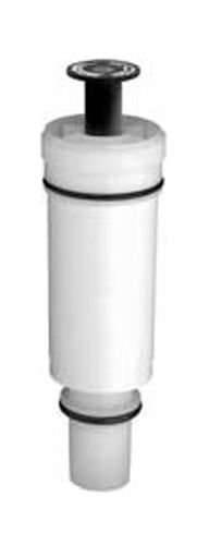 White cylindrical flush cartridge with black metal top and rubber seals for toilet tank installation.