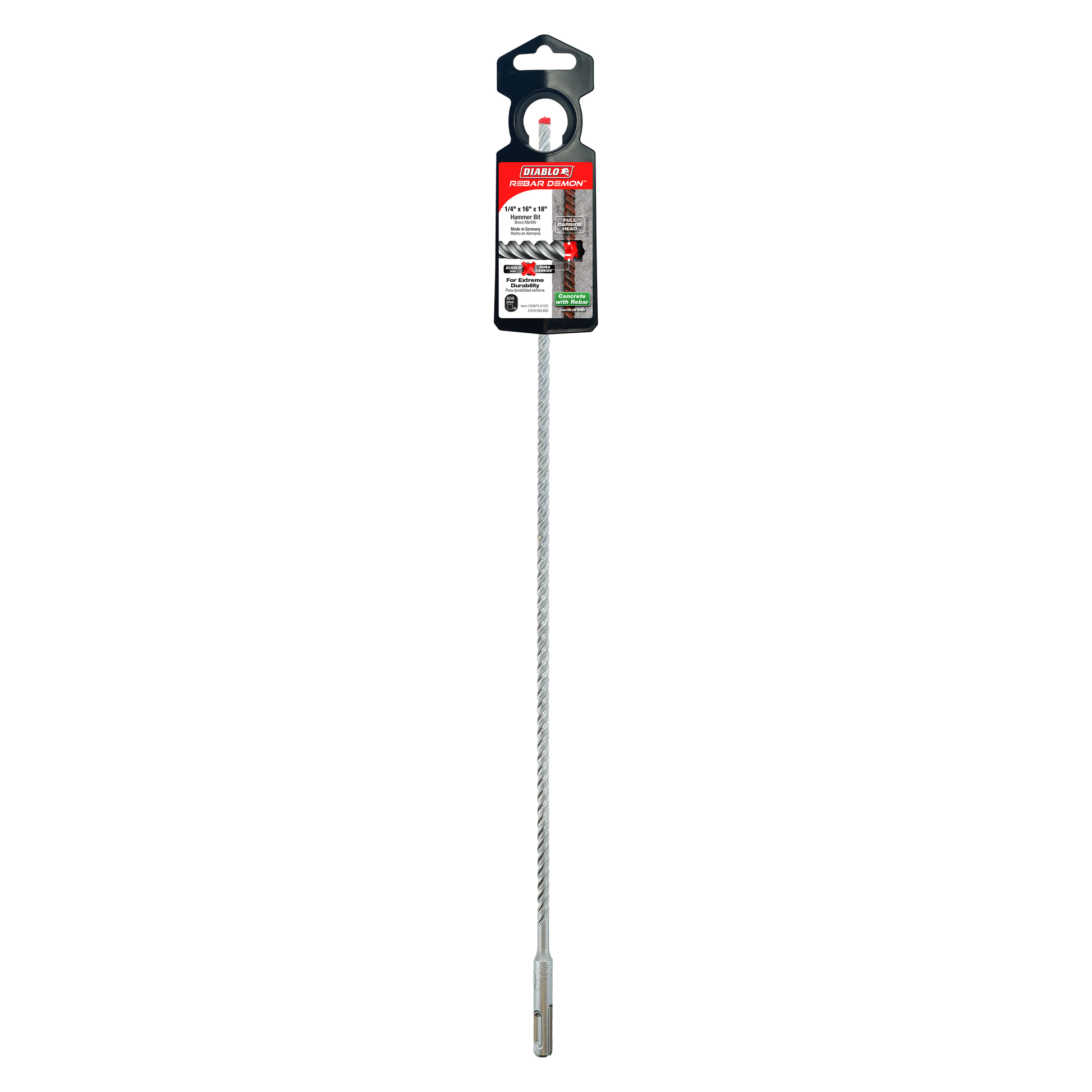 Diablo Rebar Demon 1/4 in. SDS-Plus hammer drill bit with 4-cutter carbide head and packaging.