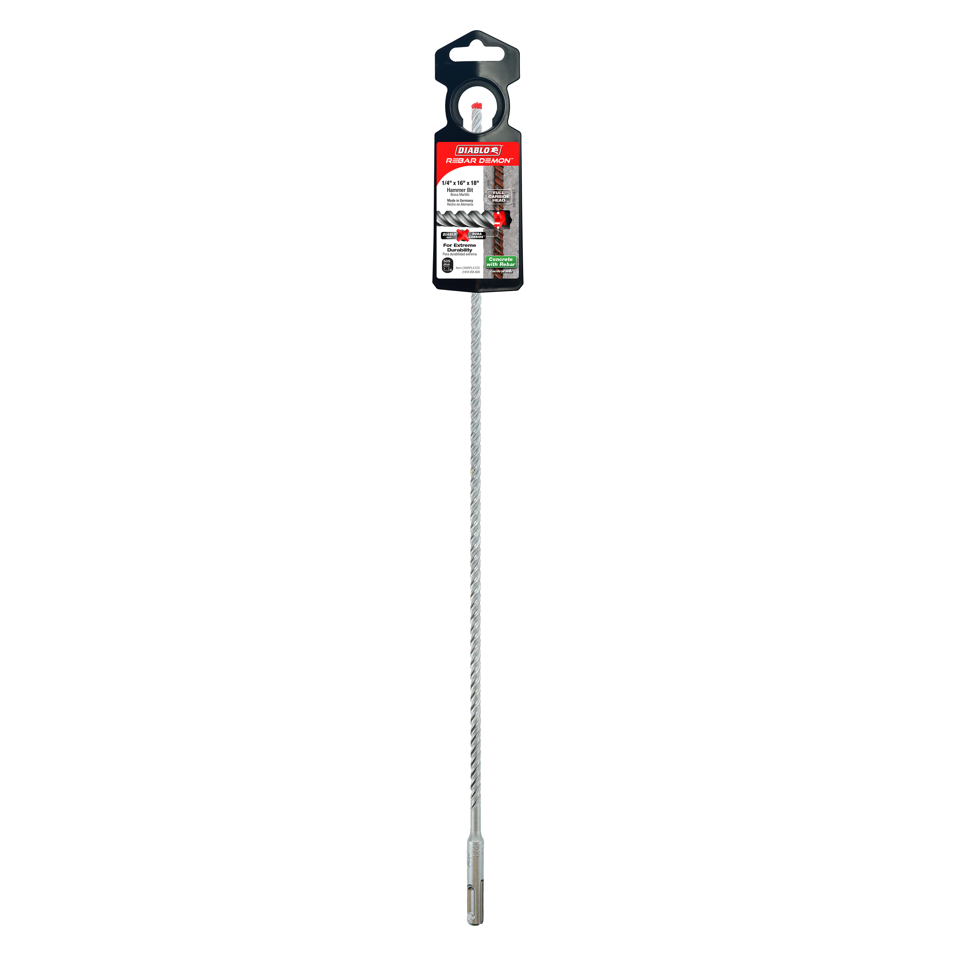 Diablo Rebar Demon 1/4 in. SDS-Plus hammer drill bit with 4-cutter carbide head and packaging.