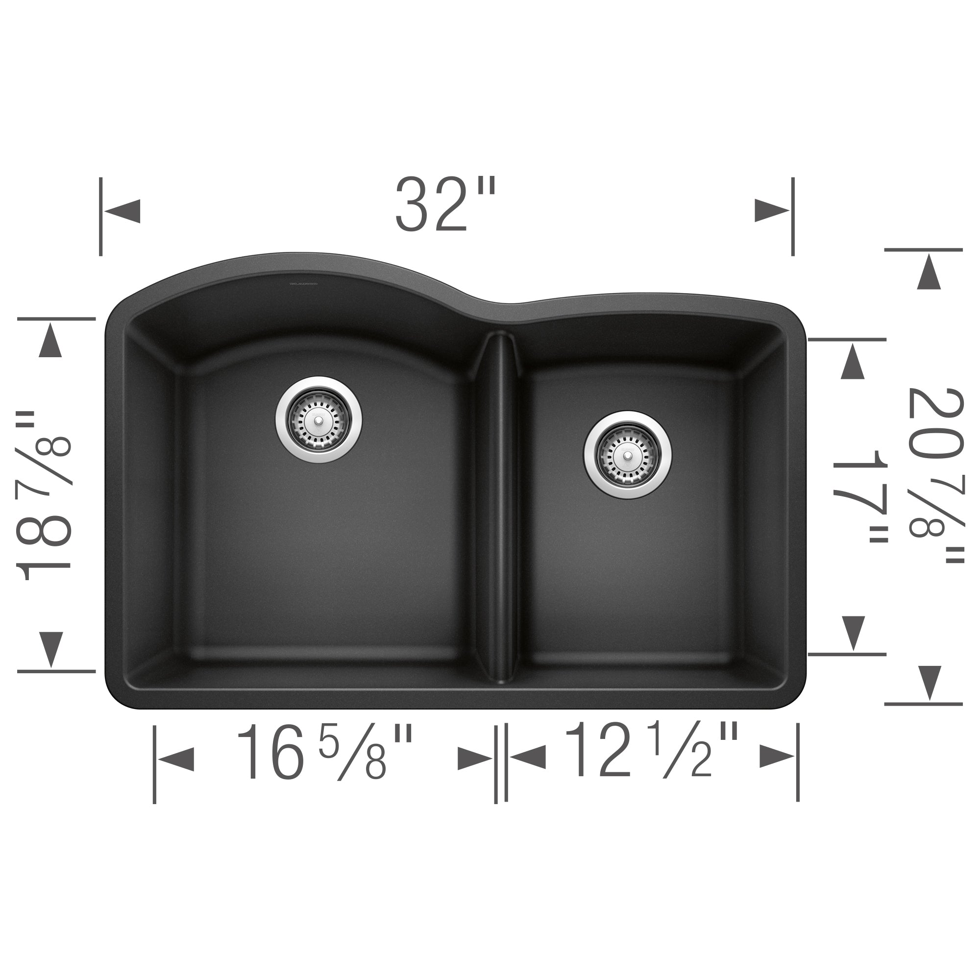 Anthracite undermount kitchen sink with two bowls and chrome drain strainers, 32 inches wide.