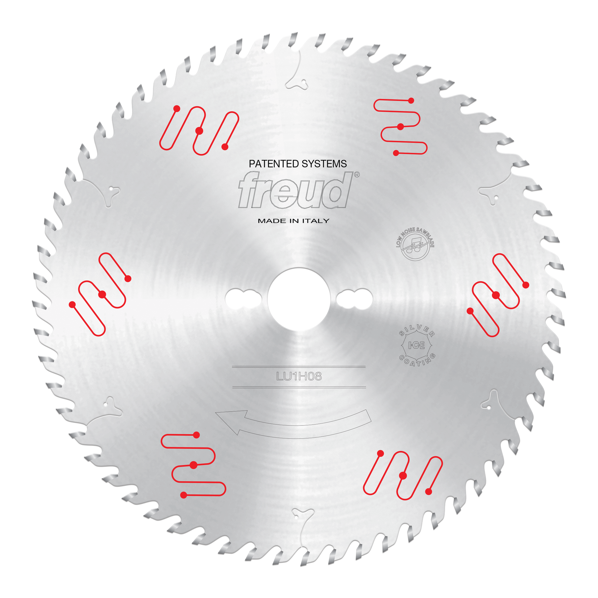 Freud LU1H08 250mm circular saw blade with carbide-tipped teeth and central mounting hole, made in Italy.