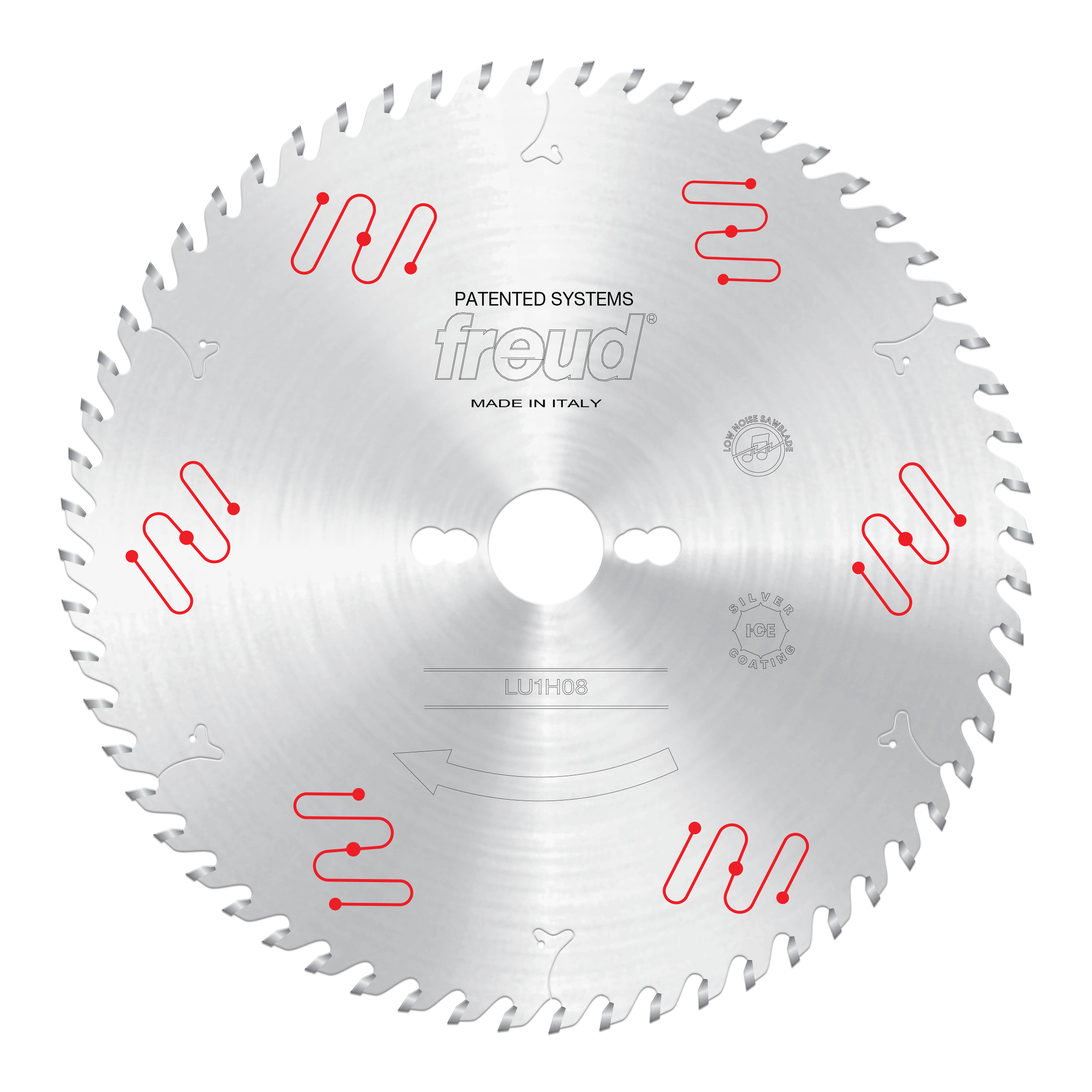 Freud LU1H08 250mm circular saw blade with carbide-tipped teeth and central mounting hole, made in Italy.