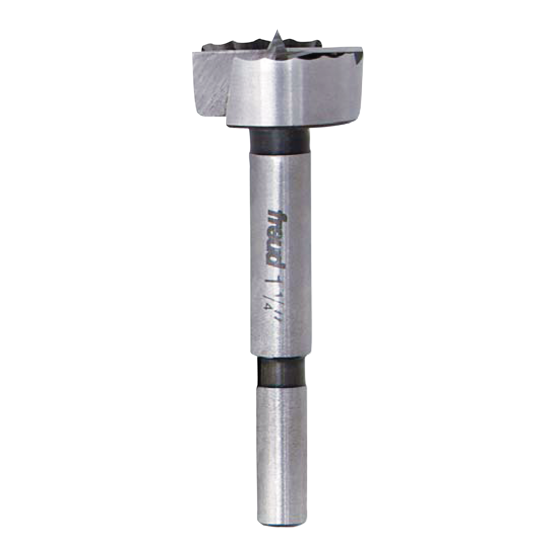 Freud forstner bit with cylindrical steel shaft and flat cutting head with serrated edges.