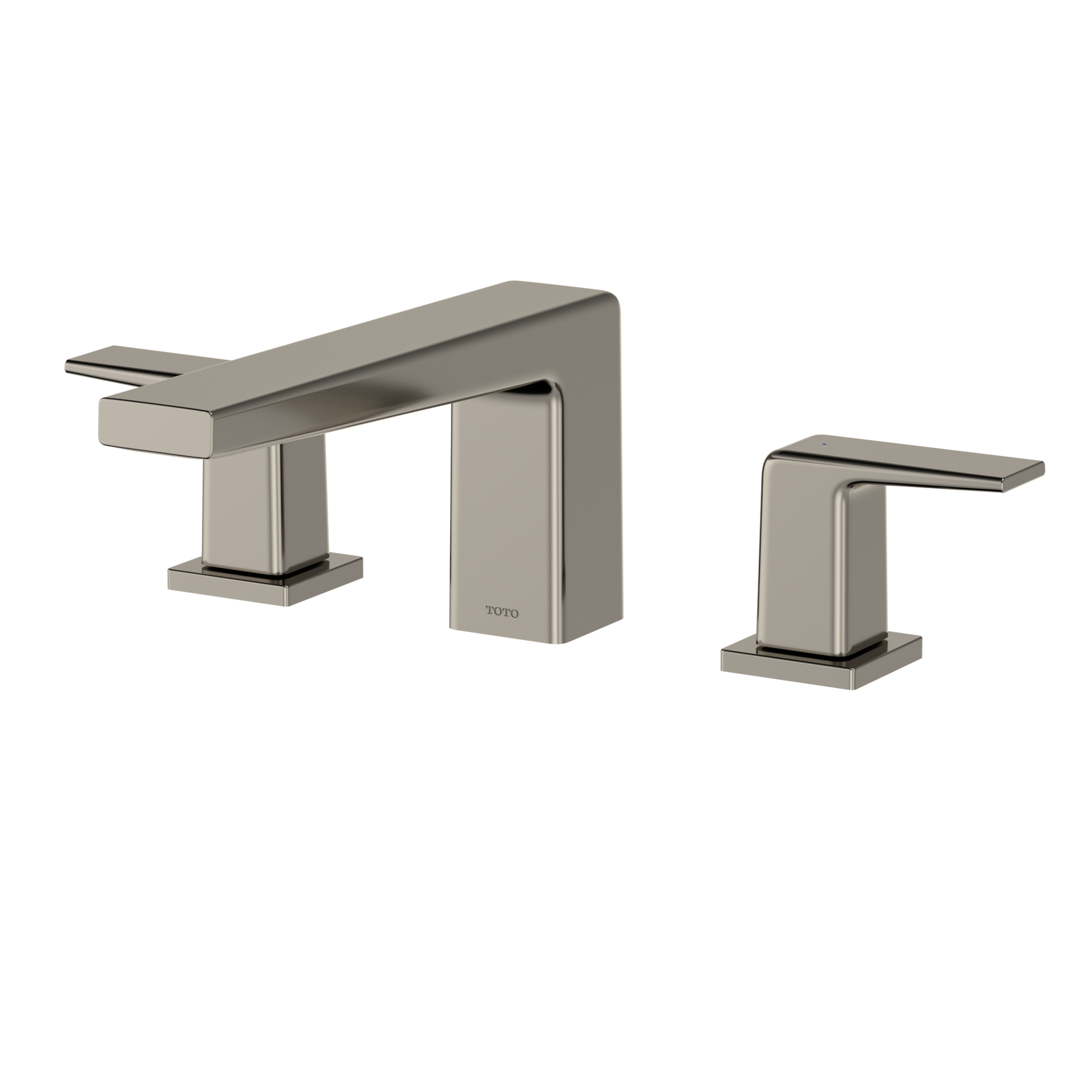 Polished nickel two-handle roman tub filler with rectangular spout and matching side handles on square bases.