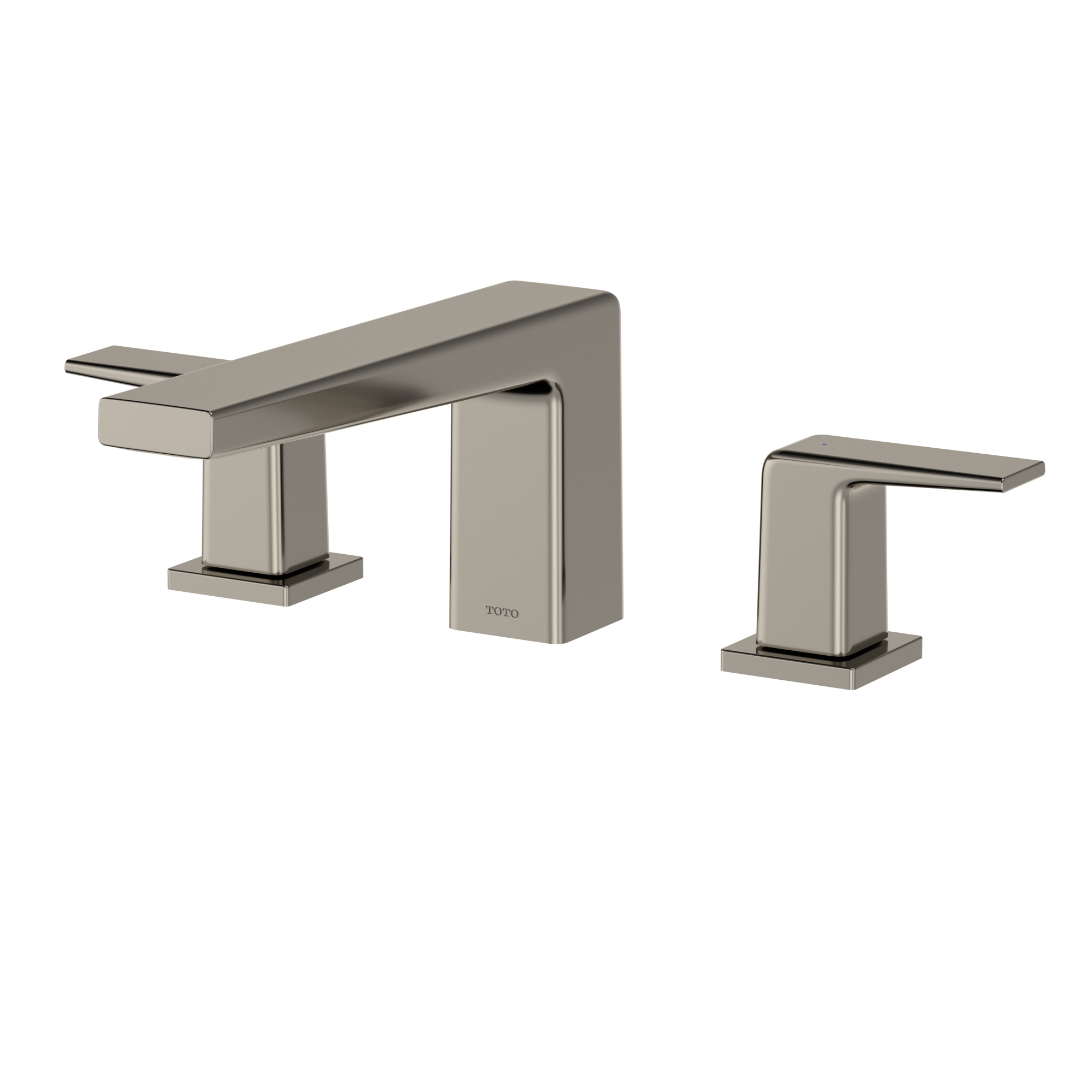 Polished nickel two-handle roman tub filler with rectangular spout and matching side handles on square bases.