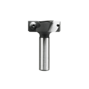 Router bit with cylindrical steel shank and black composite head featuring flat cutting surface and side-mounted bearing guid