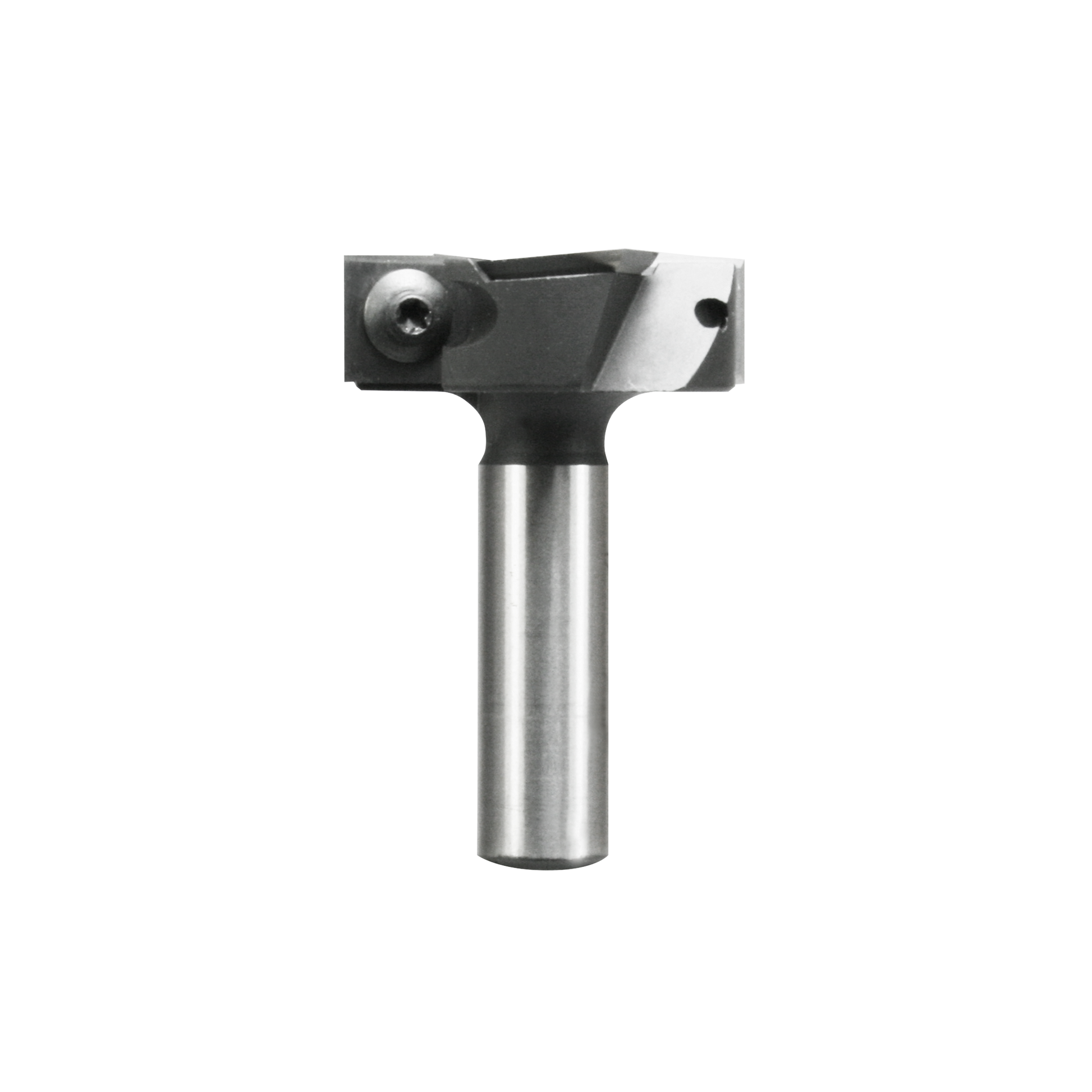 Router bit with cylindrical steel shank and black composite head featuring flat cutting surface and side-mounted bearing guid
