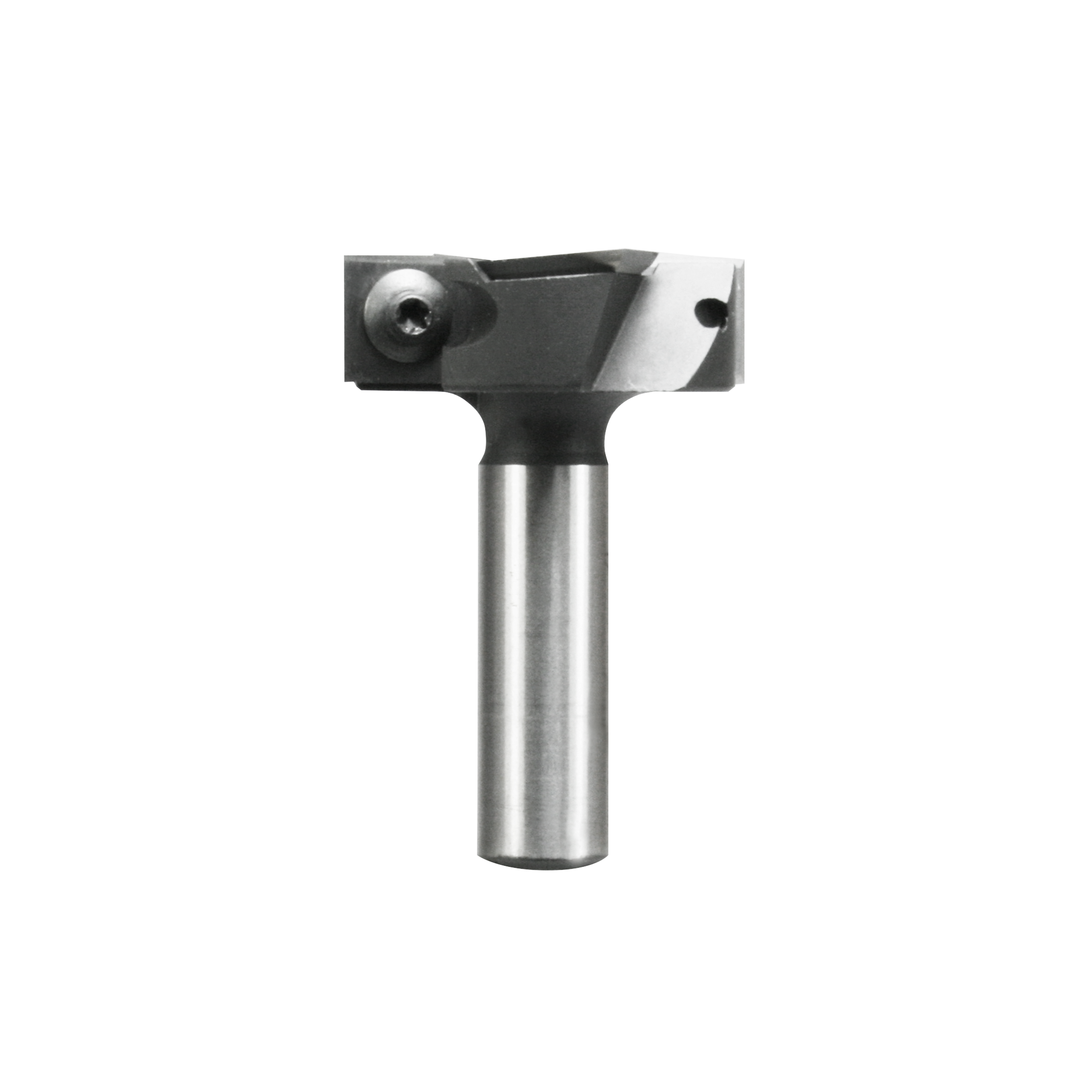 Router bit with cylindrical steel shank and black composite head featuring flat cutting surface and side-mounted bearing guid