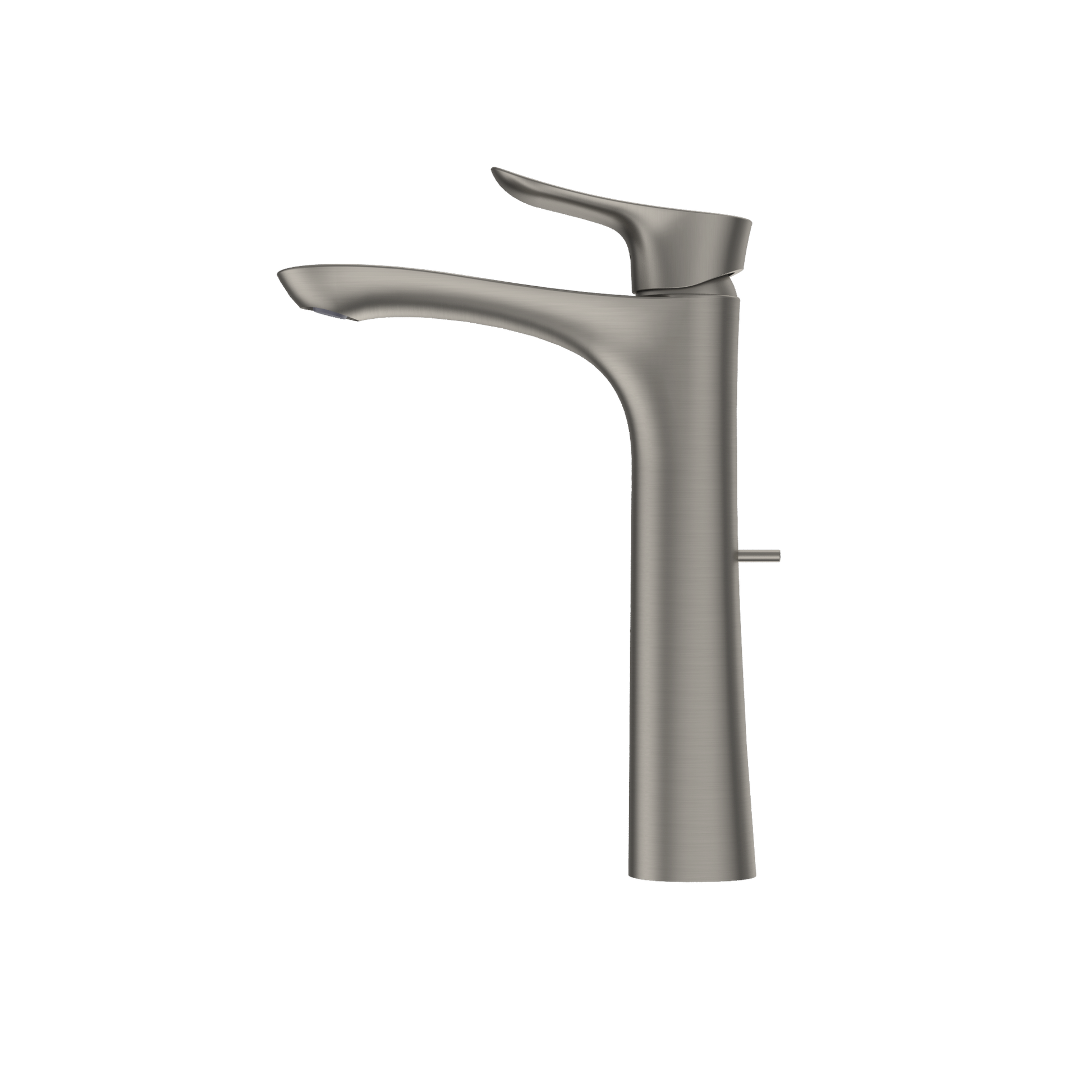 Brushed nickel single-handle vessel faucet with curved spout and lever handle.