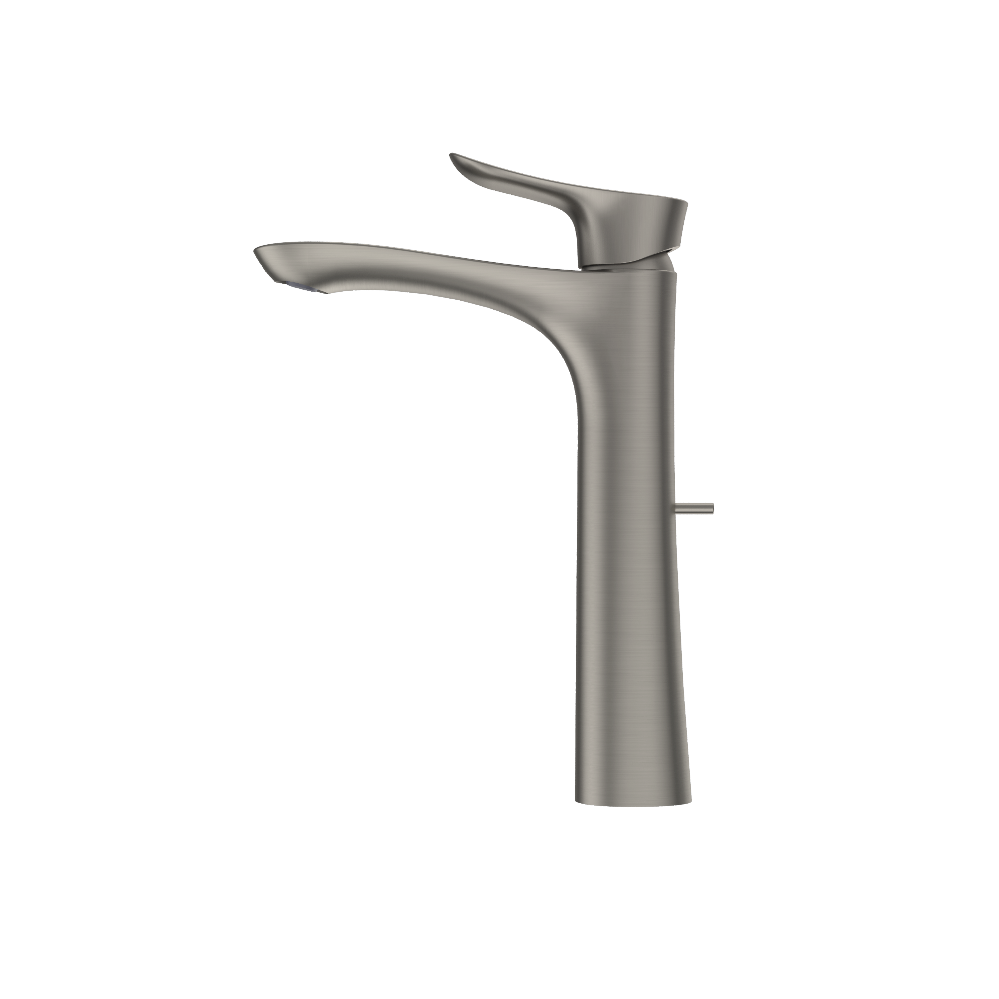 Brushed nickel single-handle vessel faucet with curved spout and lever handle.