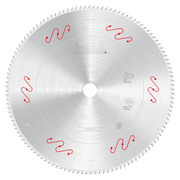 12-inch Freud carbide tipped circular saw blade with fine teeth around the edge and red vibration damping slots on the face.