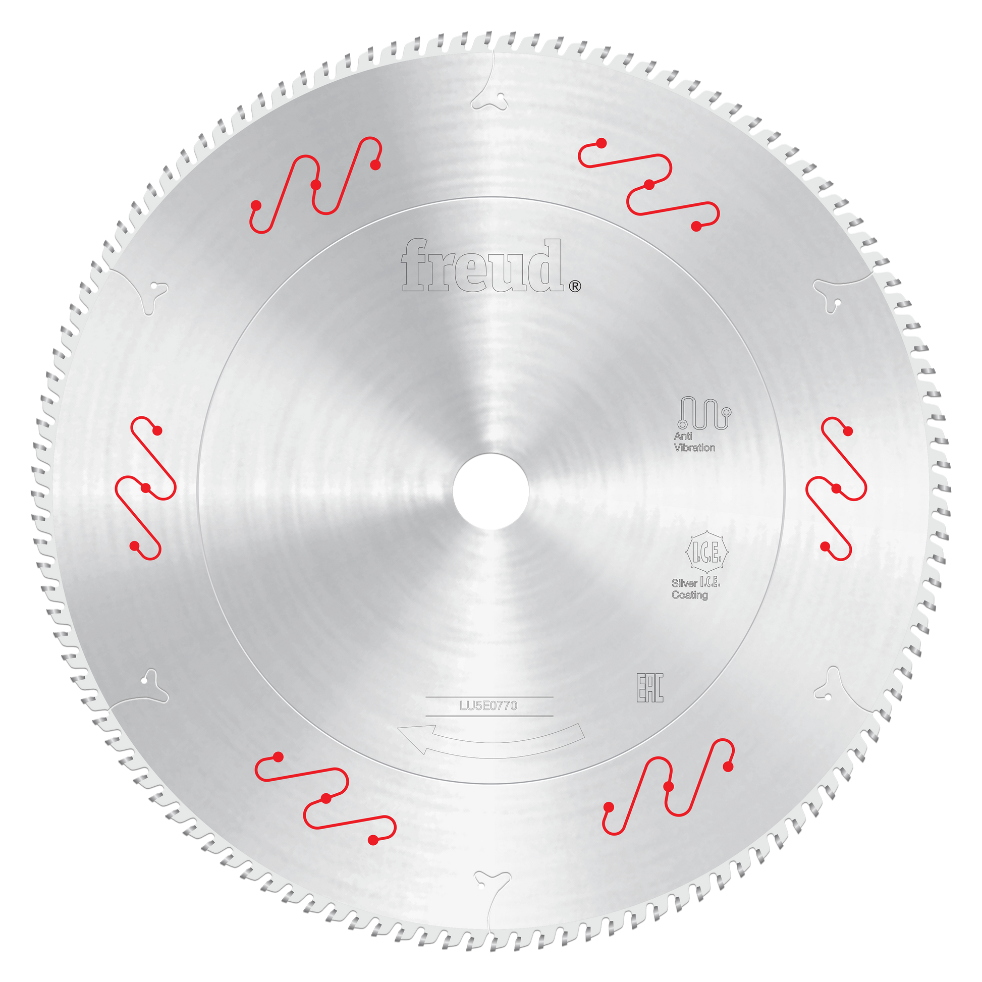 12-inch Freud carbide tipped circular saw blade with fine teeth around the edge and red vibration damping slots on the face.