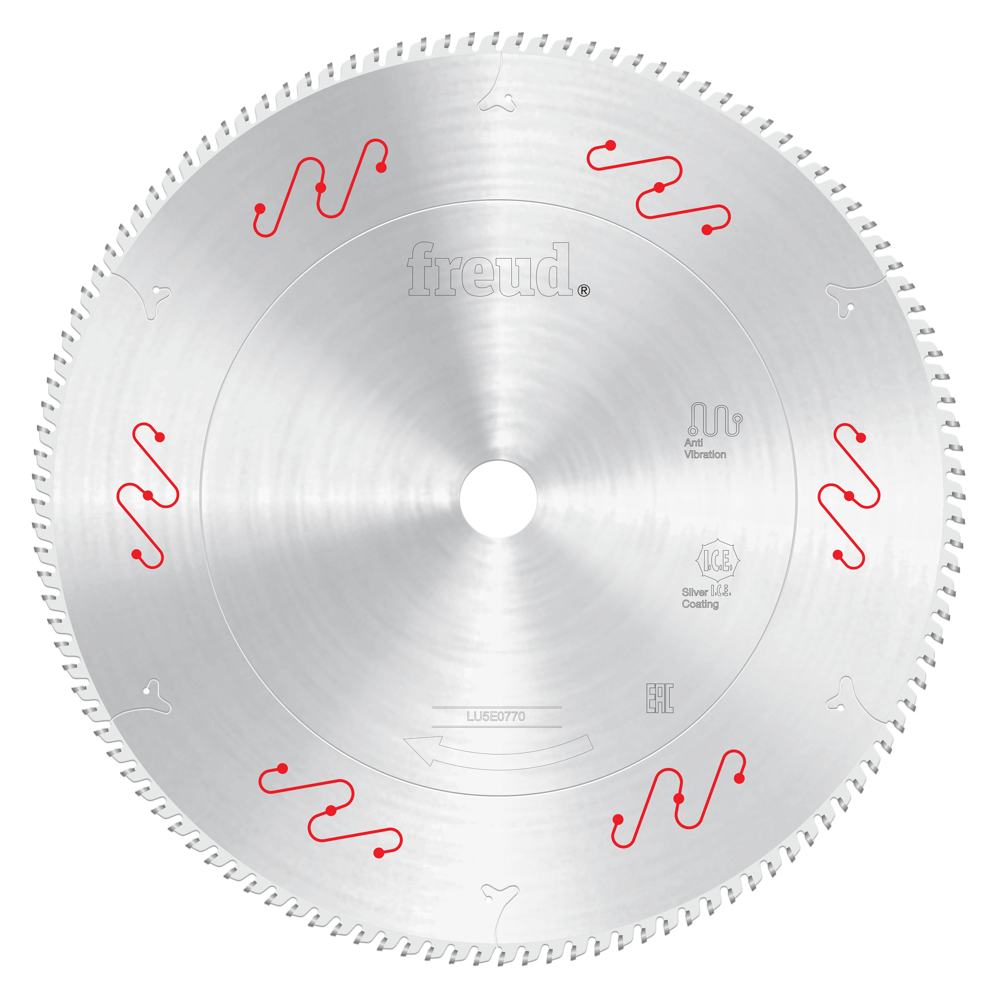 12-inch Freud carbide tipped circular saw blade with fine teeth around the edge and red vibration damping slots on the face.