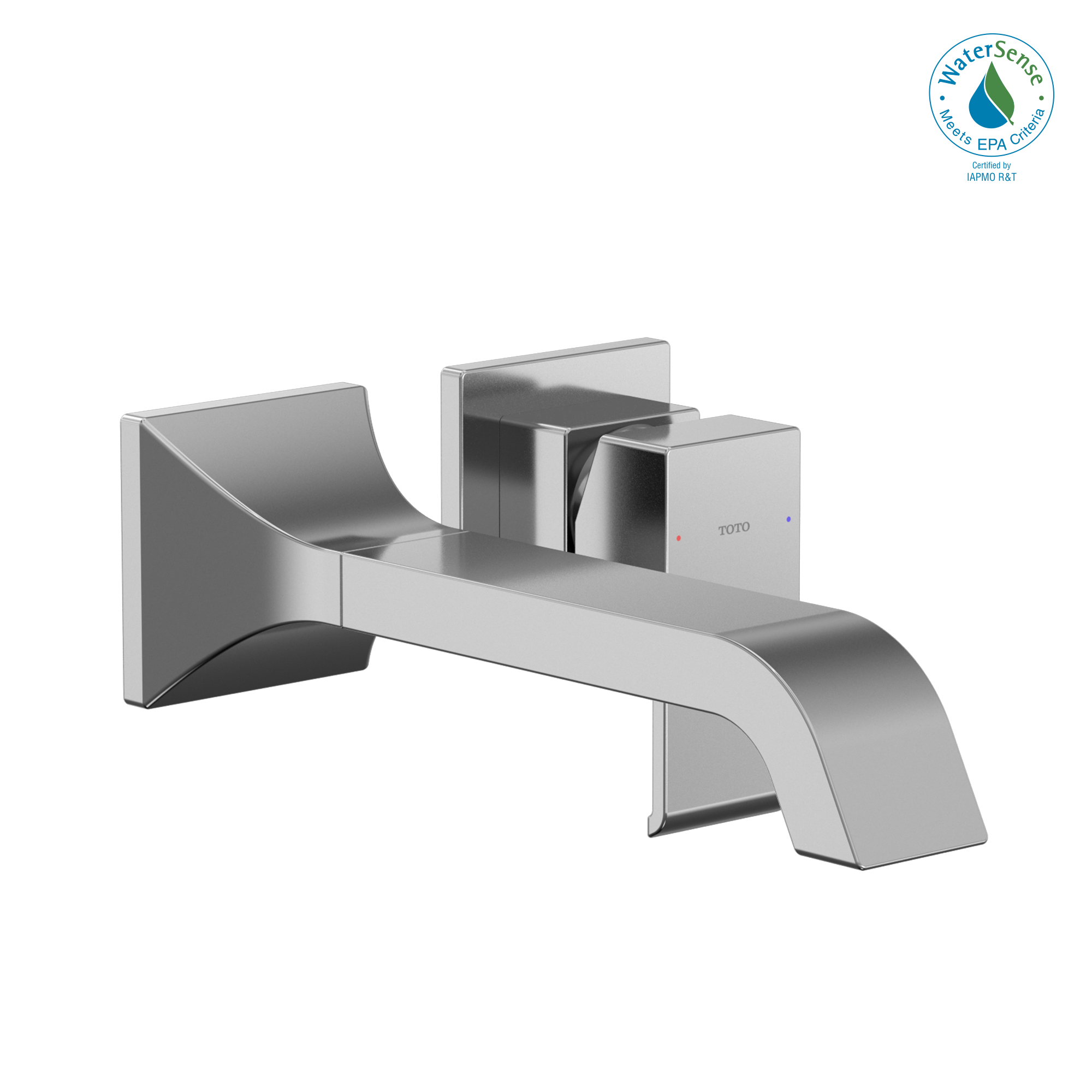 Polished chrome wall-mount bathroom faucet with single handle and curved spout.