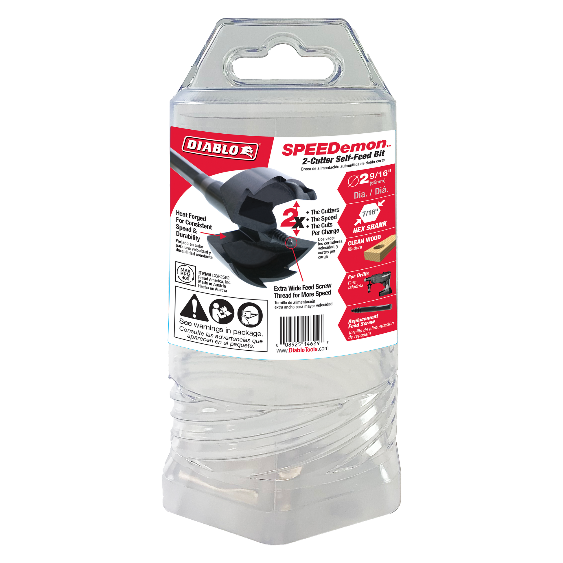 Diablo SPEEDemon self-feed drill bit with black cutting head in clear plastic packaging with red label.