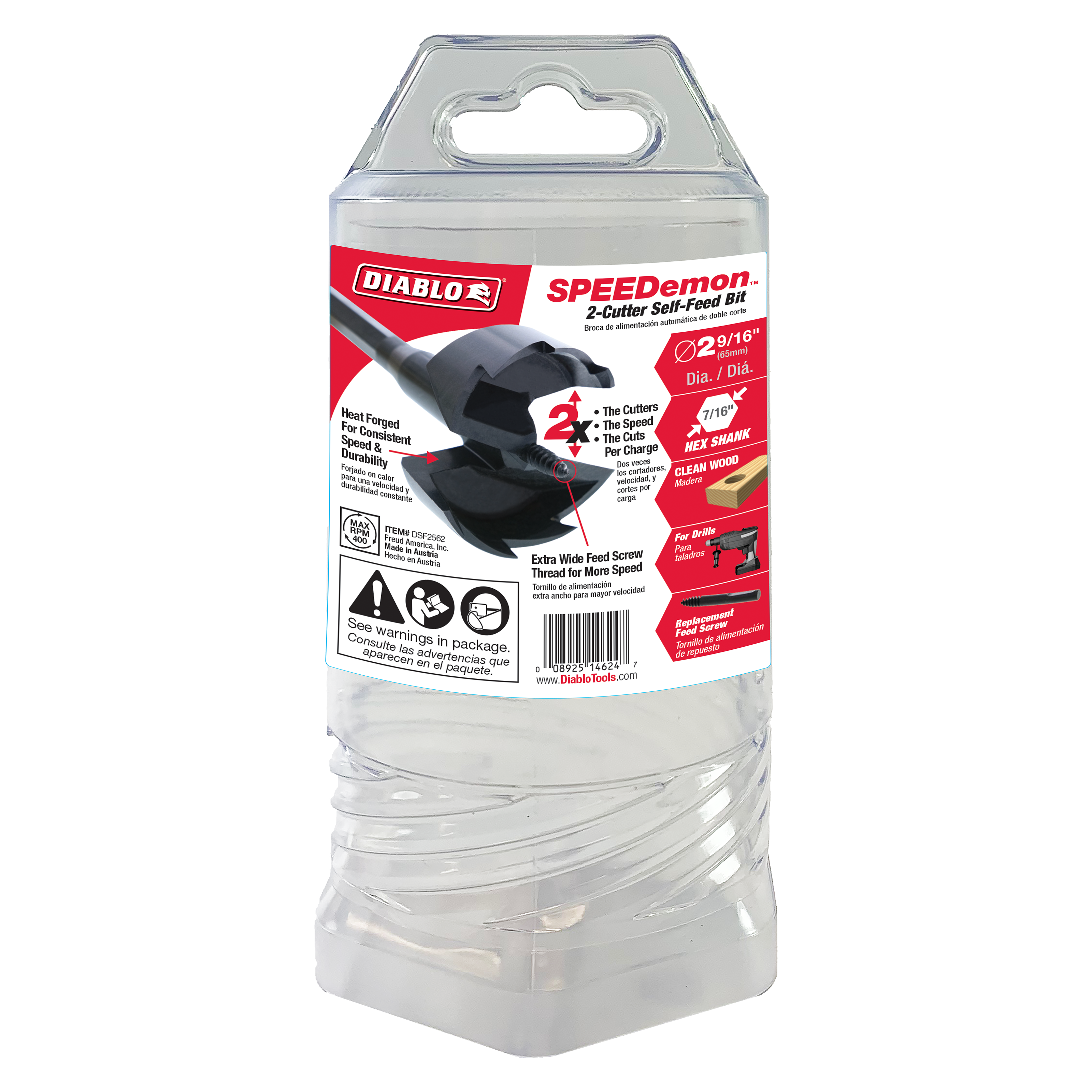 Five black Diablo SPEEDemon self-feed drill bits with 2-9/16 inch diameter in clear plastic packaging.