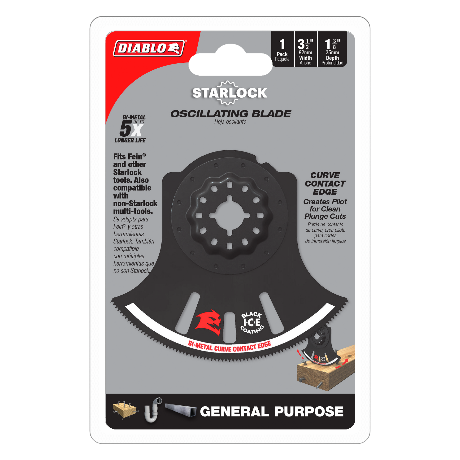 Diablo Starlock bi-metal oscillating blade with curved contact edge and center mounting hole on retail packaging.