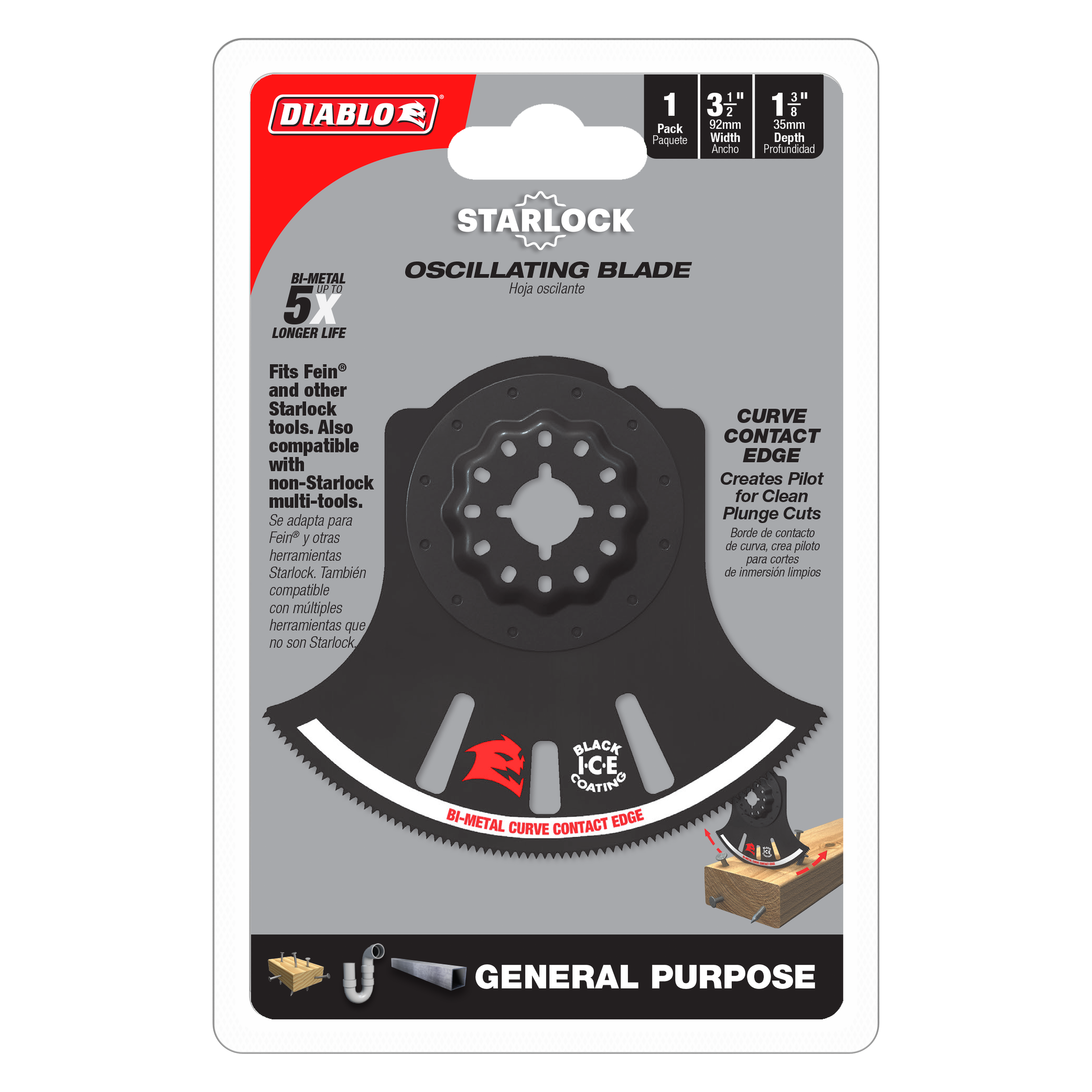 Diablo Starlock bi-metal oscillating blade with curved contact edge and center mounting hole on retail packaging.