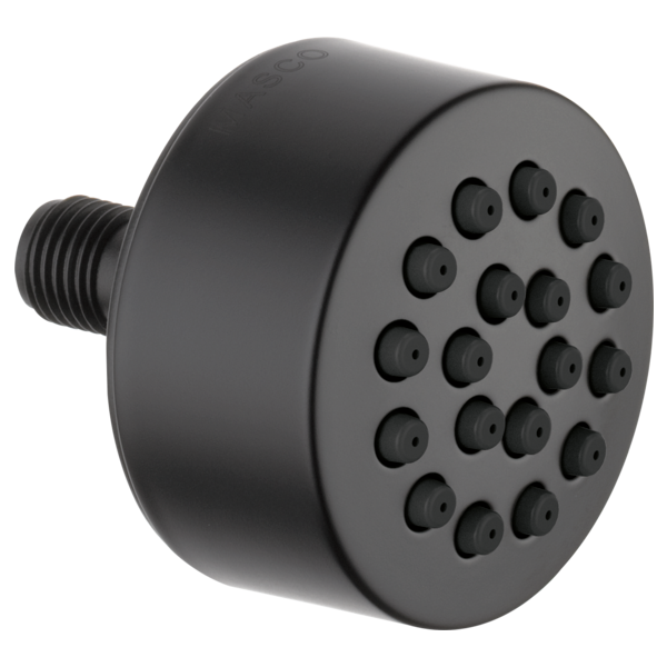 Black cylindrical shower spray head with multiple circular spray nozzles and threaded connection port.