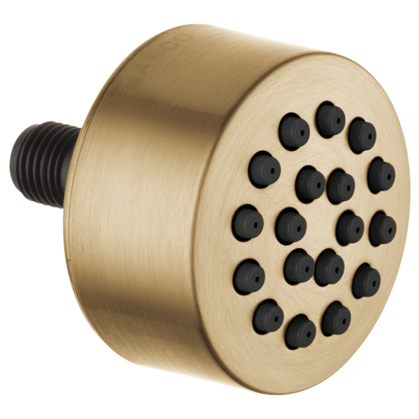 Brushed champagne bronze circular shower head with multiple black spray nozzles and threaded connection port.