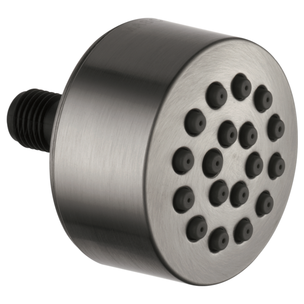 Chrome cylindrical showerhead with multiple spray jets and threaded connector on side.
