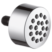 Chrome round body spray head with multiple dark spray nozzles and threaded black connector.