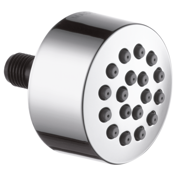 Chrome round body spray head with multiple dark spray nozzles and threaded black connector.