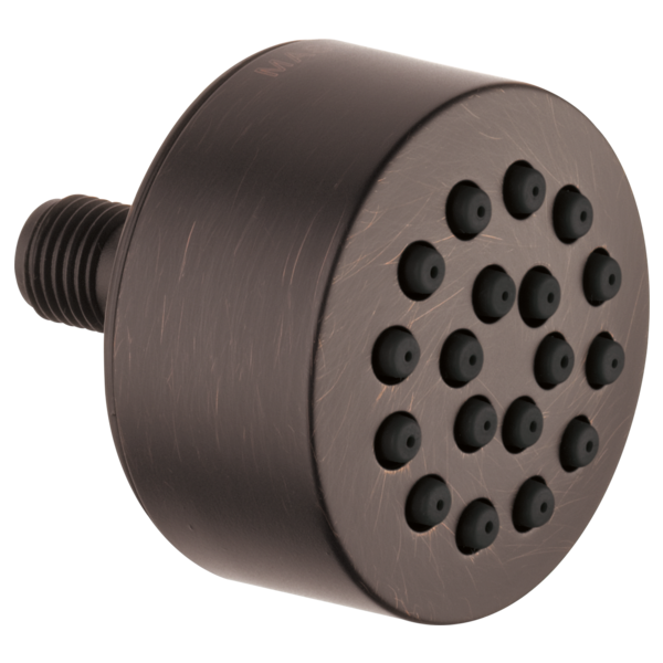 Bronze round body spray head with 16 circular spray outlets and threaded connection port.