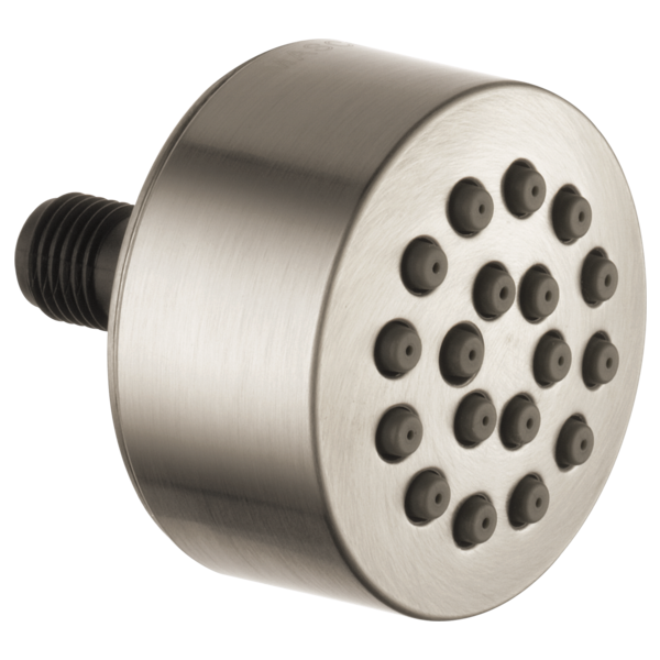 Brushed nickel round body spray head with multiple spray nozzles and threaded connector.
