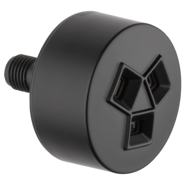 Black cylindrical shower spray head with threaded connector and three square nozzle openings on face.
