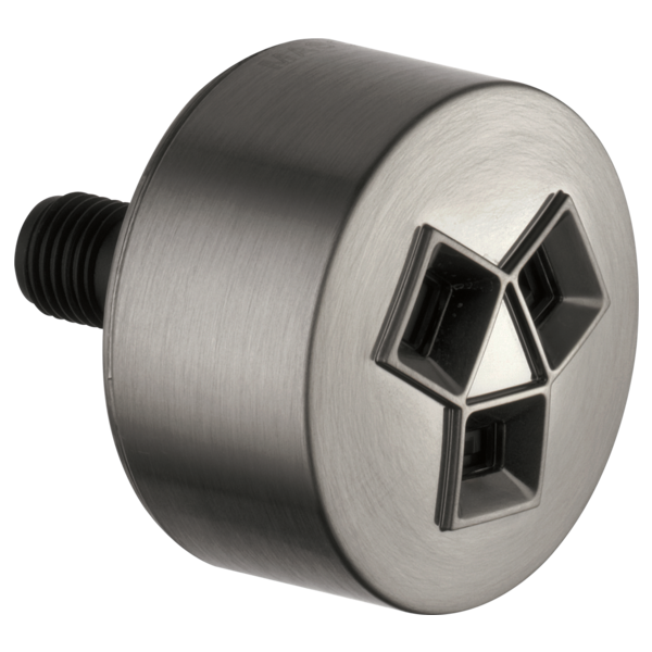 Brushed nickel cylindrical spray head with three square openings and black threaded connection port.
