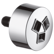 Chrome cylindrical shower spray head with three square nozzle openings and threaded connection port.