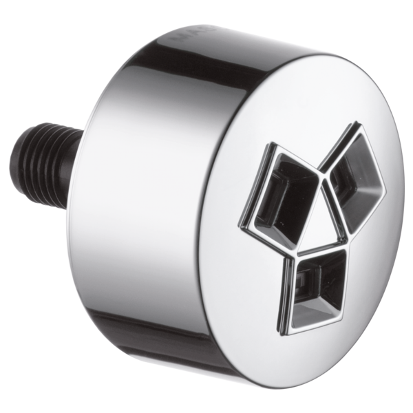 Chrome cylindrical shower spray head with three square nozzle openings and threaded connection port.