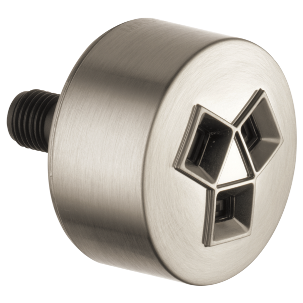 Brushed nickel shower spray head with three square nozzles and black threaded connector.