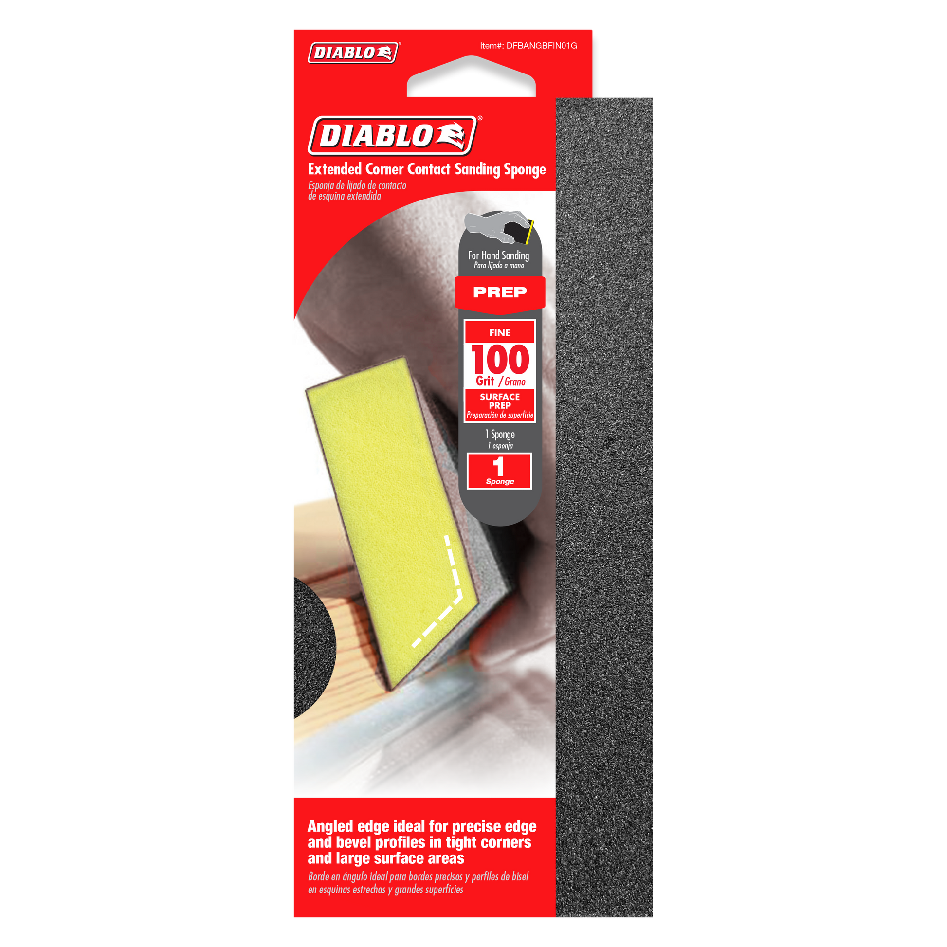Diablo Extended Corner Contact Sanding Sponge with gray 100-grit fine surface and yellow angled edge for detail work.