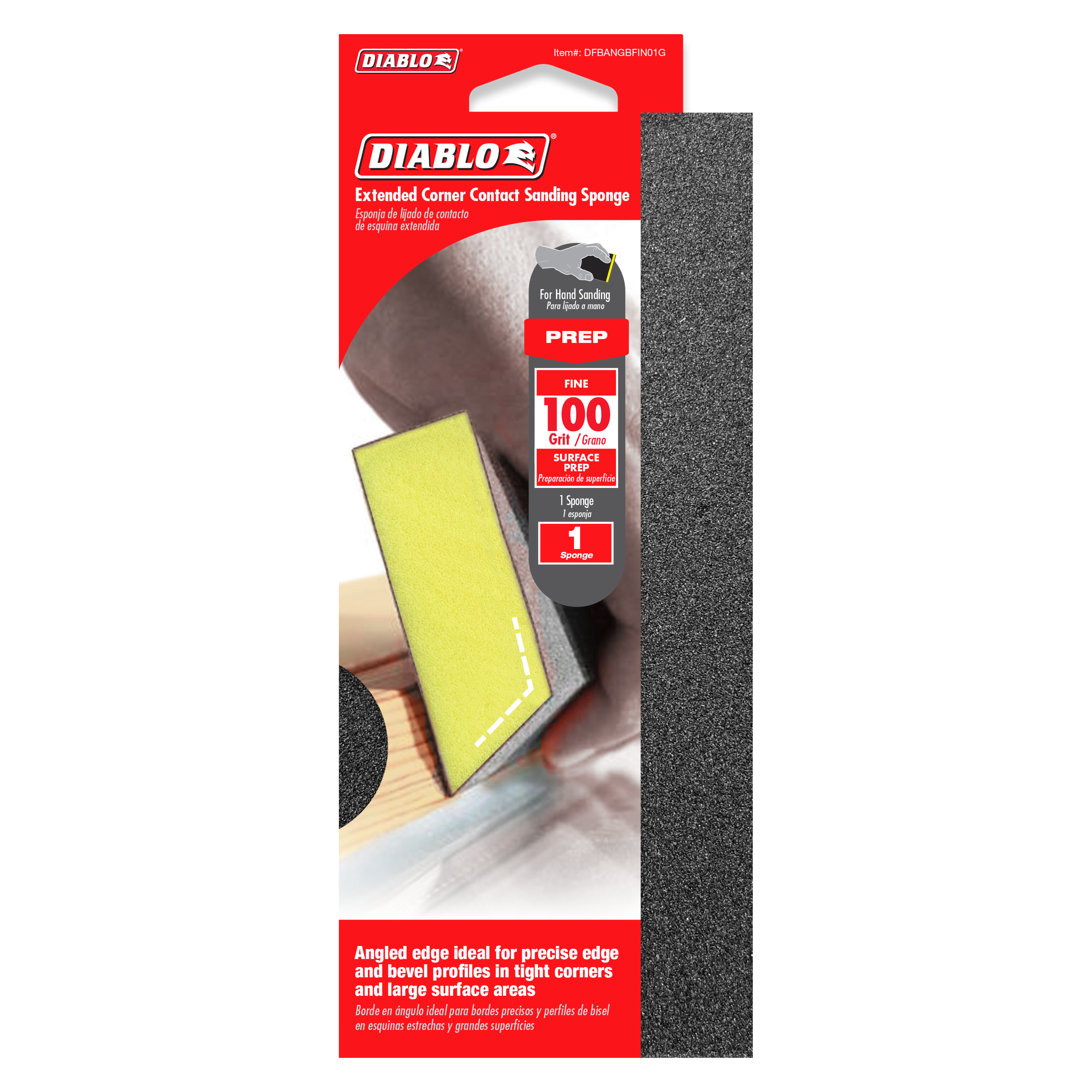 Diablo Extended Corner Contact Sanding Sponge with gray 100-grit fine surface and yellow angled edge for detail work.