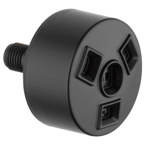 Black cylindrical showerhead with multiple spray outlet ports and threaded connection fitting.