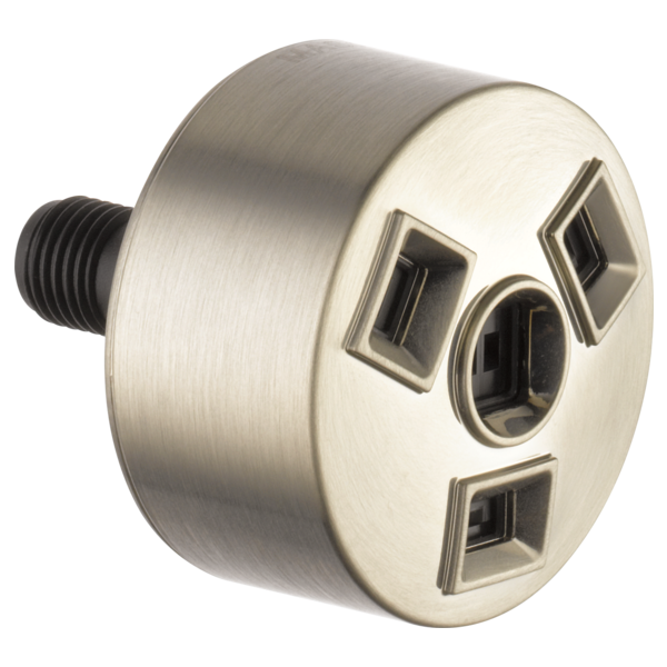 Cylindrical brushed nickel showerhead with multiple rectangular and circular spray outlets and black threaded connector.